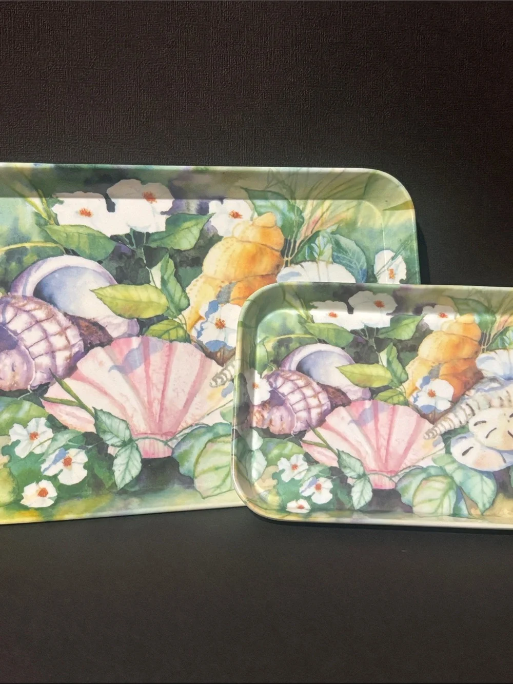 2 Vintage Italian tray set ocean shell floral botanical colorful trinket trays